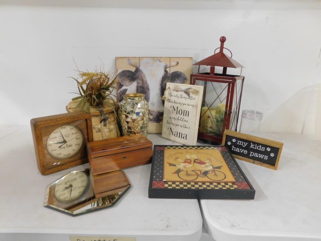 Home Decor Lot including Dog Time Novelty Clock, Cow Wall Hanging, Mirror, Vase, Planter, etc. (1 of 6)