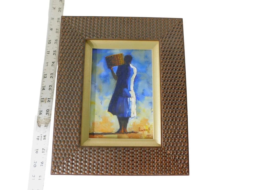 Rayson H 2010 Signed Painting - Woman with a basket - measures roughly 12x10": Rayson H 2010 Signed Painting - Woman with a basket - measures roughly 12x10" All pictures are considered part of the description and should be examined carefully by bidders. Live Auctioneers is n
