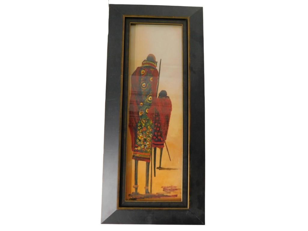 John Ndambo Framed Painting - Two Tribal people - measures roughly 10x24": John Ndambo Framed Painting - Two Tribal people - measures roughly 10x24" All pictures are considered part of the description and should be examined carefully by bidders. Live Auctioneers is now o
