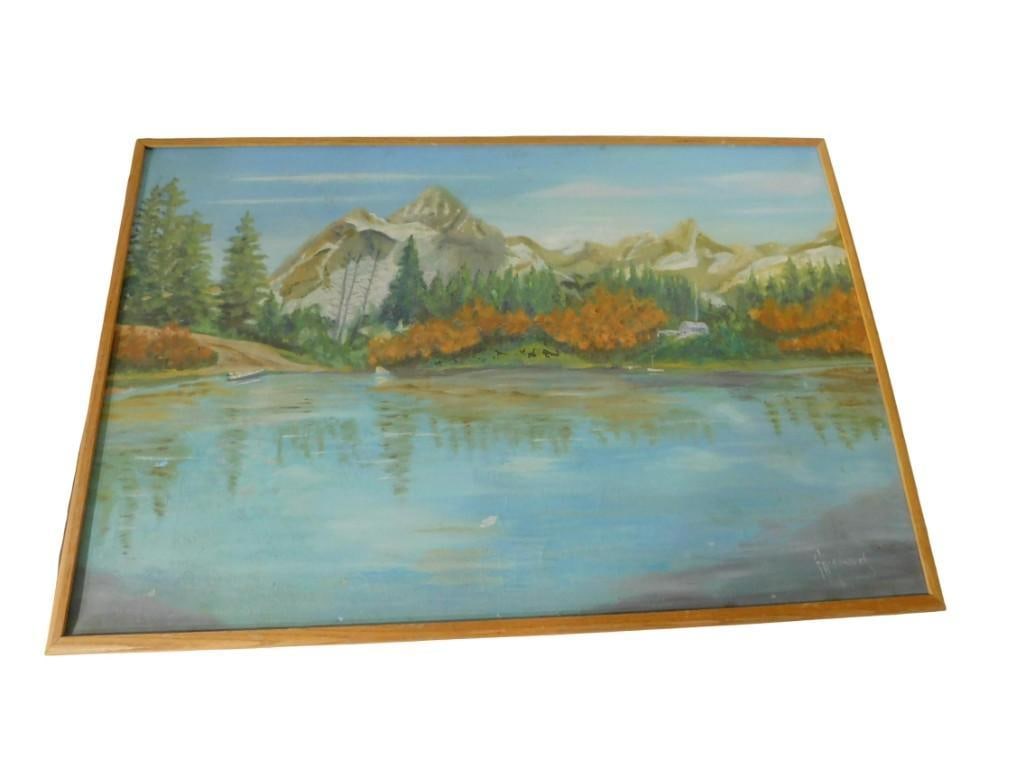 Framed Thallenbeck Signed Painting of a Mountain Lake Scene - Measures roughly 25x37": Framed Thallenbeck Signed Painting of a Mountain Lake Scene - Measures roughly 25x37" All pictures are considered part of the description and should be examined carefully by bidders. Live Auctione