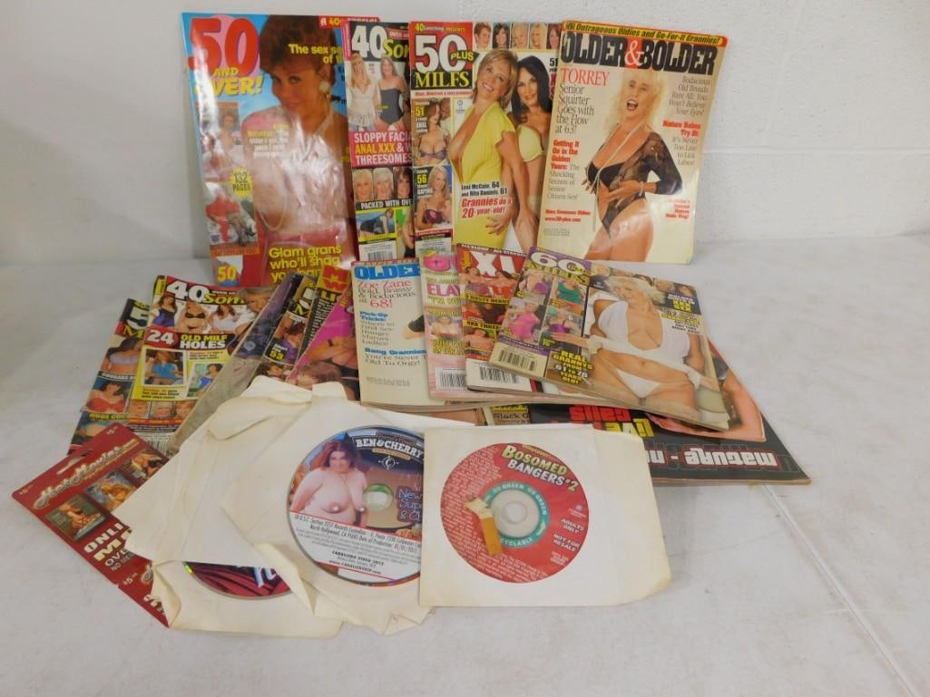 Spicy Adult Lot including Magazines and Movies - Mostly of older Women: Spicy Adult Lot including Magazines and Movies - Mostly of older Women All pictures are considered part of the description and should be examined carefully by bidders. Live Auctioneers is now