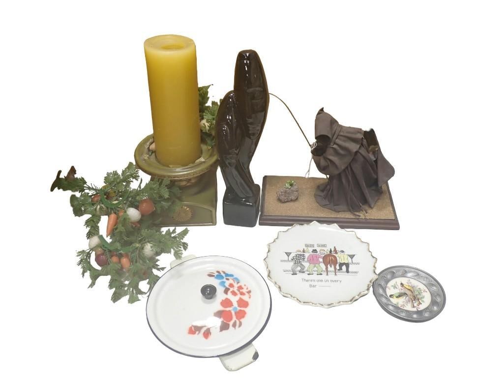 Misc Lot including Small Enamelware Pot, Novelty Donkey Plate, Candle with holder, Ceramic Haegar: Misc Lot including Small Enamelware Pan with lid, Novelty Donkey Plate, Candle with holder, Ceramic Haegar The Lovers, Ghost or Grim Reaper Figure, etc. All pictures are considered part of the descrip