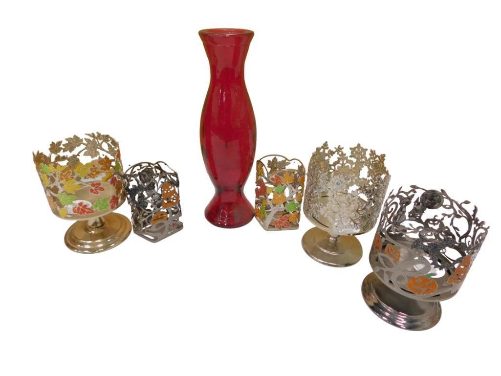 Red Glass Vase and Metal Wire Candle Holders including Halloween and Autumn: Red Glass Vase and Metal Wire Candle Holders including Halloween and Autumn All pictures are considered part of the description and should be examined carefully by bidders. Live Auctioneers is now off