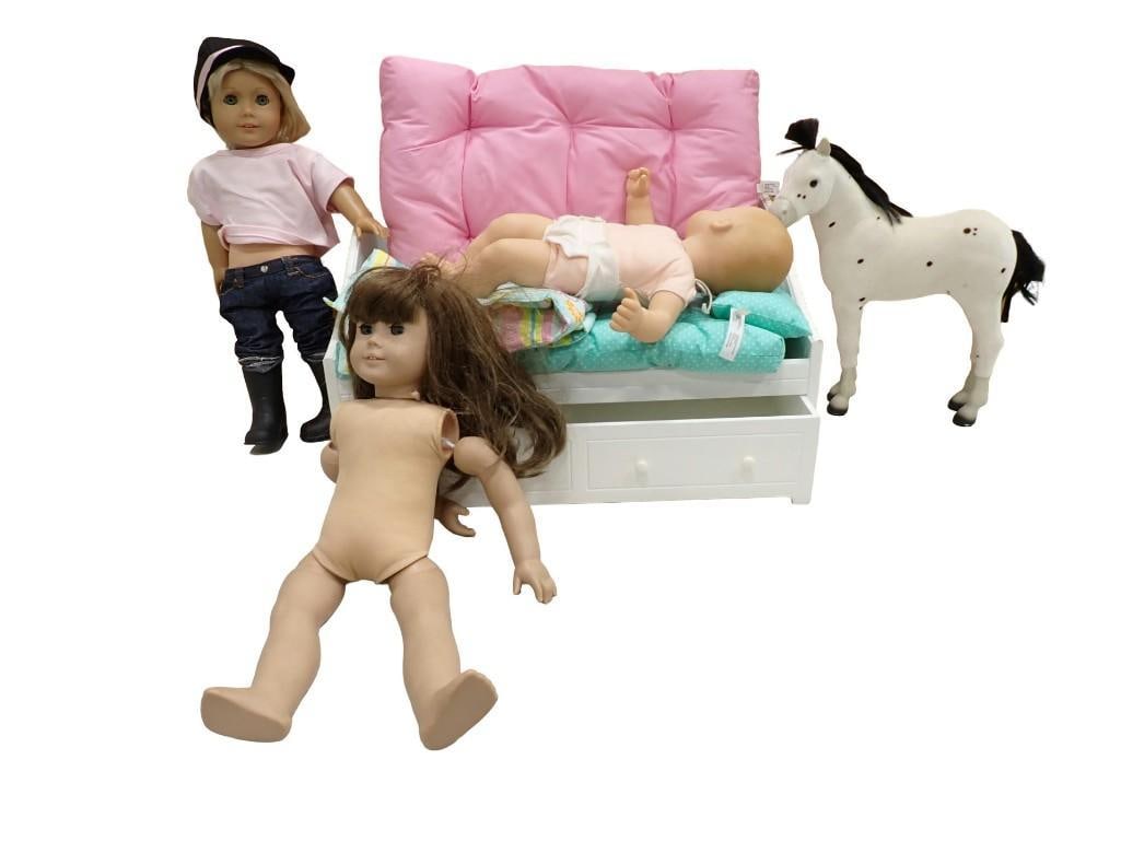 Lot of American Girl Dolls, Bitty Baby, Kaya's Horse, Sparks Flying, Accessories etc: Lot of American Girl Dolls, Bitty Baby, Kaya's Horse, Sparks Flying, Accessories etc All pictures are considered part of the description and should be examined carefully by bidders. Live Auctioneers