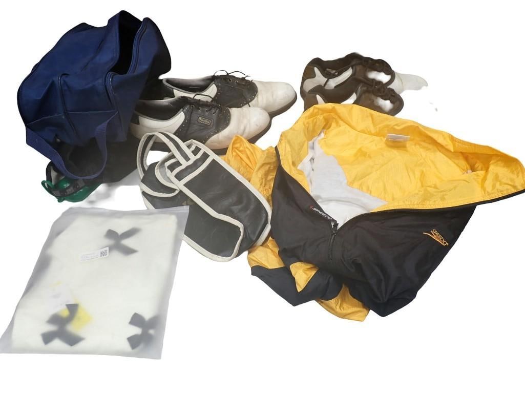 Sports / Golf Lot including Two Pairs of Golf Shoes, Speedo Windbreaker, Bags, Mini Olie Shirt, etc.: Sports / Golf Lot including Two Pairs of Golf Shoes, Speedo Windbreaker, Bags, Mini Olie Shirt, etc. All pictures are considered part of the description and should be examined carefully by bidders.
