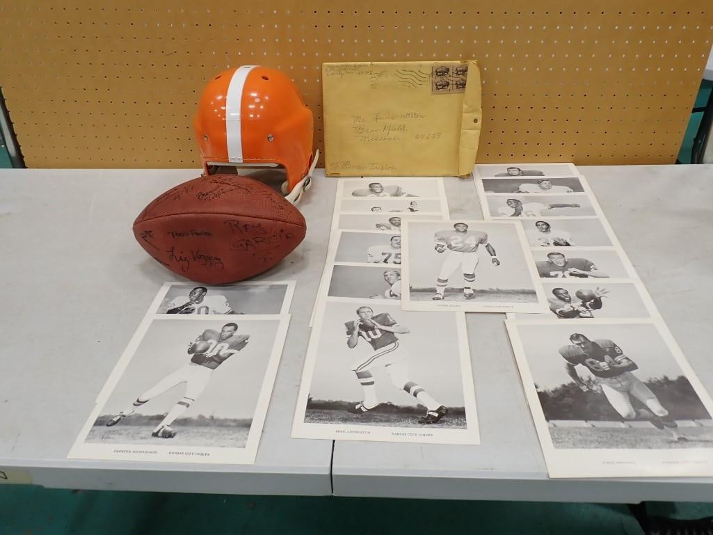 Football Lot including Vintage Orange Helmet, Football with Autographs (No COAs) and Vintage Player: Football Lot including Vintage Orange Helmet, Football with Autographs (No COAs) and Vintage Player Prints All pictures are considered part of the description and should be examined carefully by