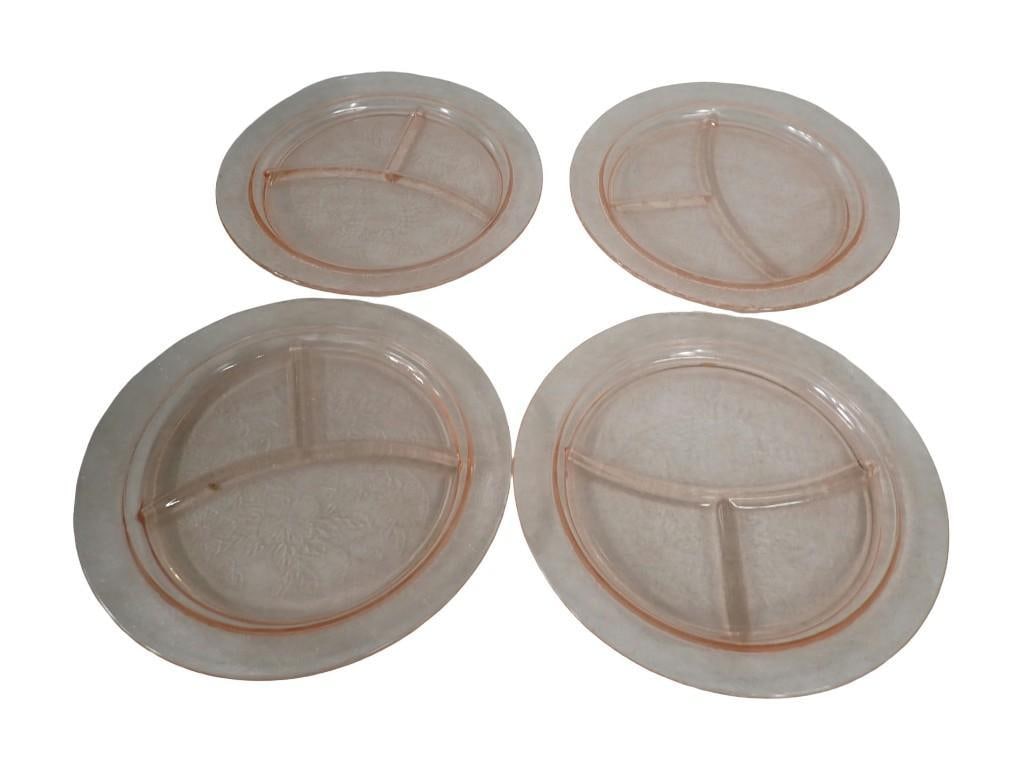 Set of 4 Pink Depression Glass Divided Plates: Set of 4 Pink Depression Glass Divided Plates All pictures are considered part of the description and should be examined carefully by bidders. Live Auctioneers is now offering Live Shipping through th