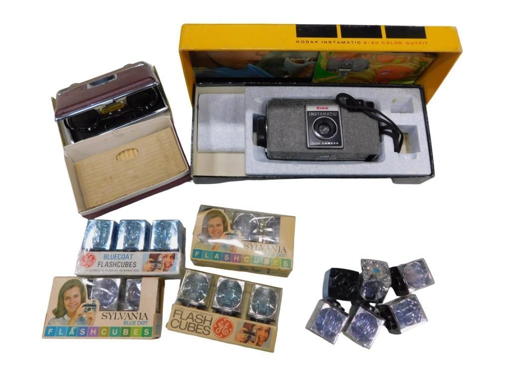 Camera Lot incl Kodak Instamatic S-20 Camera in Original Box, Flash Cubes, Stellar Binoculars (1 of 4)