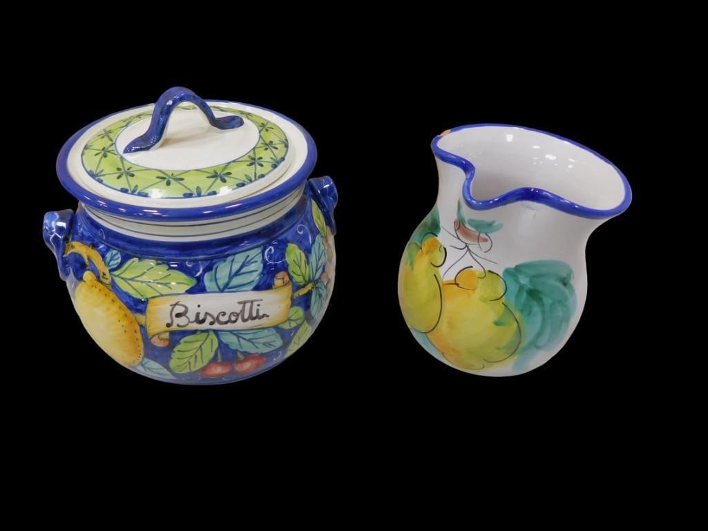 Pottery Cookie Jar and Pitcher Made in Italy: Pottery Cookie Jar and Pitcher Made in Italy Condition: pitcher has a chip in the rim All pictures are considered part of the description and should be examined carefully by bidders. Liv