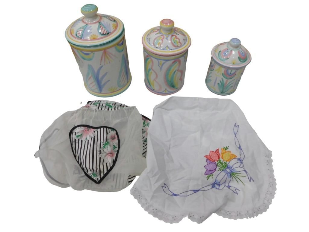 Cookie and Spice Jars with Pastel Painting Made in Italy Signed, Embroidery, etc.: Cookie and Spice Jars with Pastel Painting Made in Italy Signed, Embroidery, etc. All pictures are considered part of the description and should be examined carefully by bidders. Live Auctioneers is n