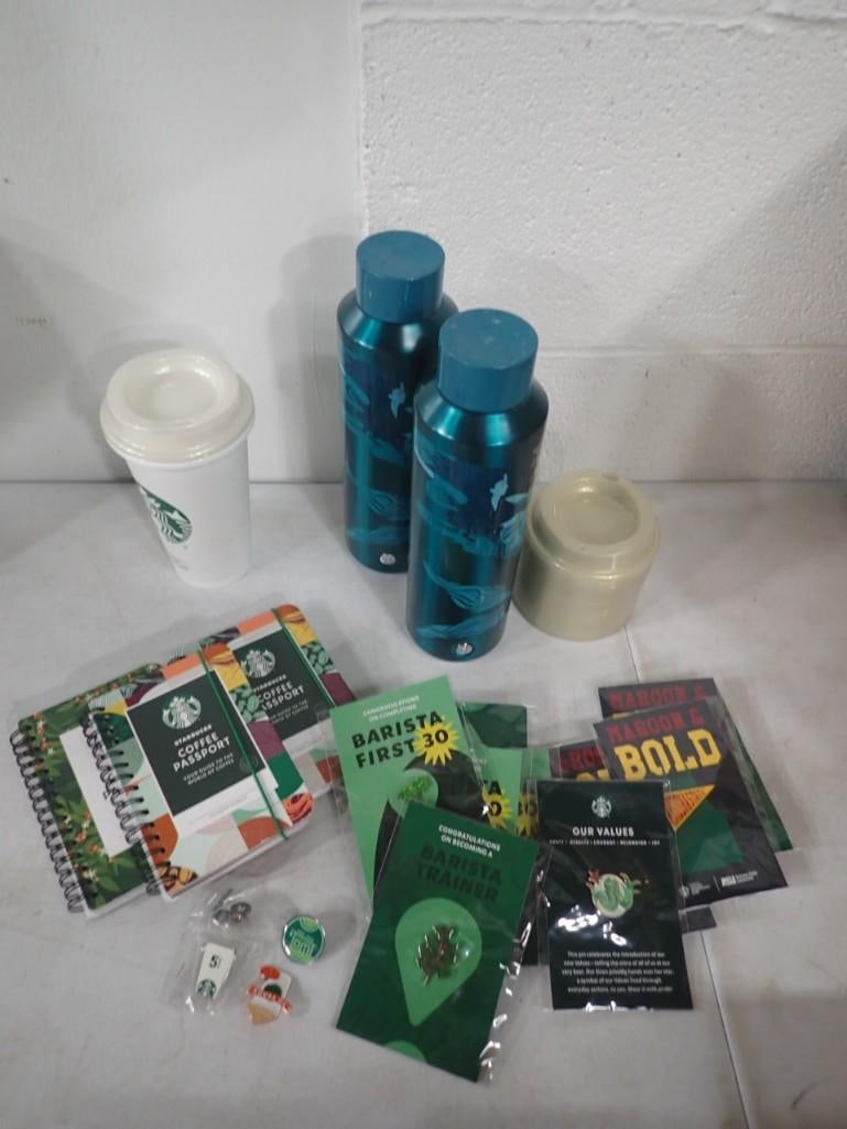 Starbucks Lot including Bottles, Pins, Notepads, Lids, etc.: Starbucks Lot including Bottles, Pins, Notepads, Lids, etc. All pictures are considered part of the description and should be examined carefully by bidders. Live Auctioneers is now offering Live Shipp