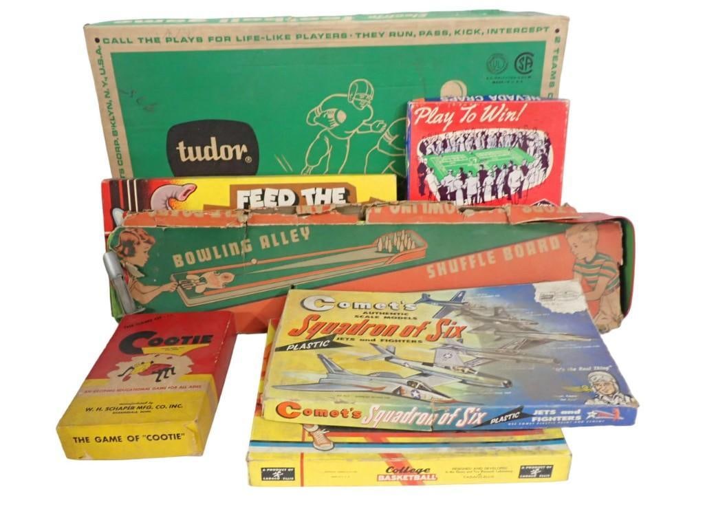 Vintage Game Lot including Tudor Football, Bowling Alley Shuffleboard, Cootie, Squadron of Six Model (1 of 6)