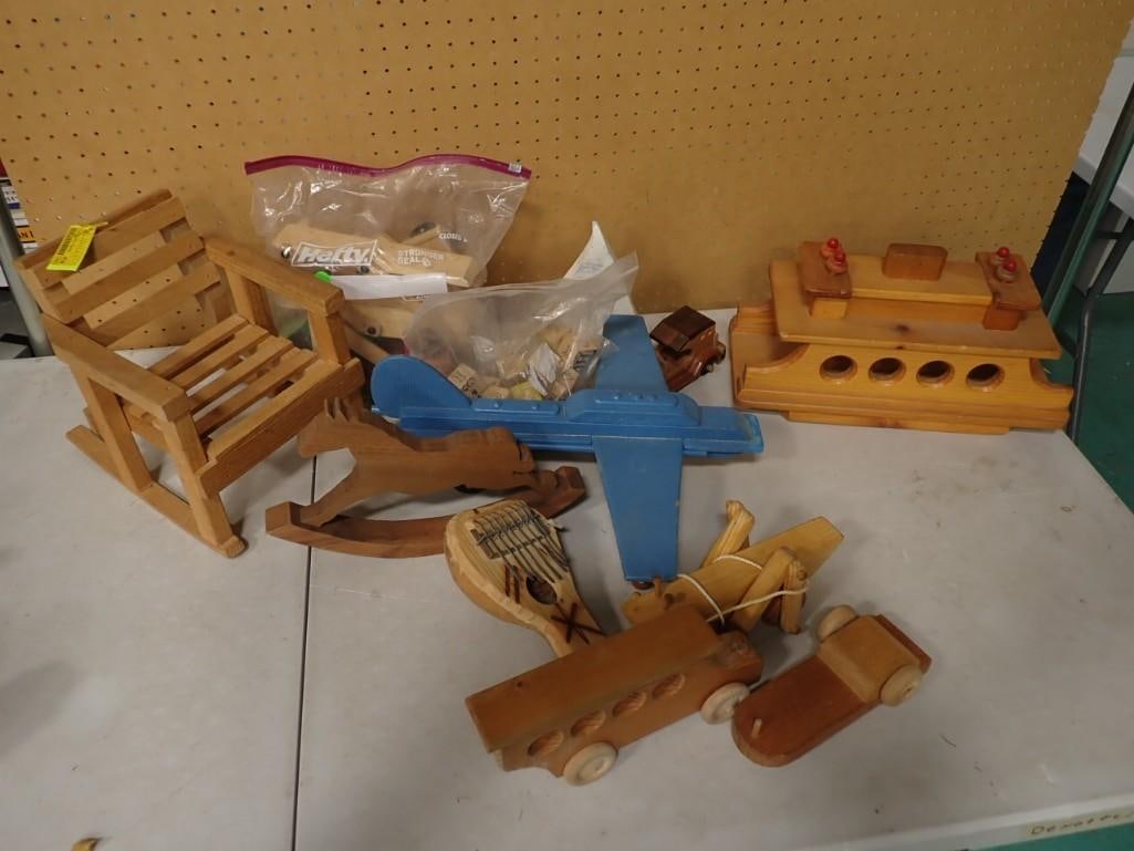 Lot of Vintage Wooden Toys including Doll Rocking Chair, Blue Airplane, Rocking Horse, Boat, Cars, e (1 of 10)