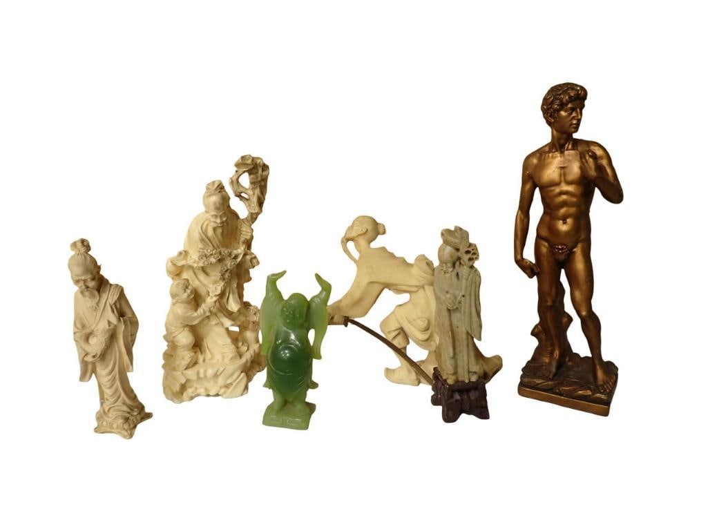 Figurine Lot including Green Buddha, David Replica, Asian style Figures, etc.: Figurine Lot including Green Buddha Michelangelo David Replica, Asian style Figures, etc. All pictures are considered part of the description and should be examined carefully by bidders. Live Au