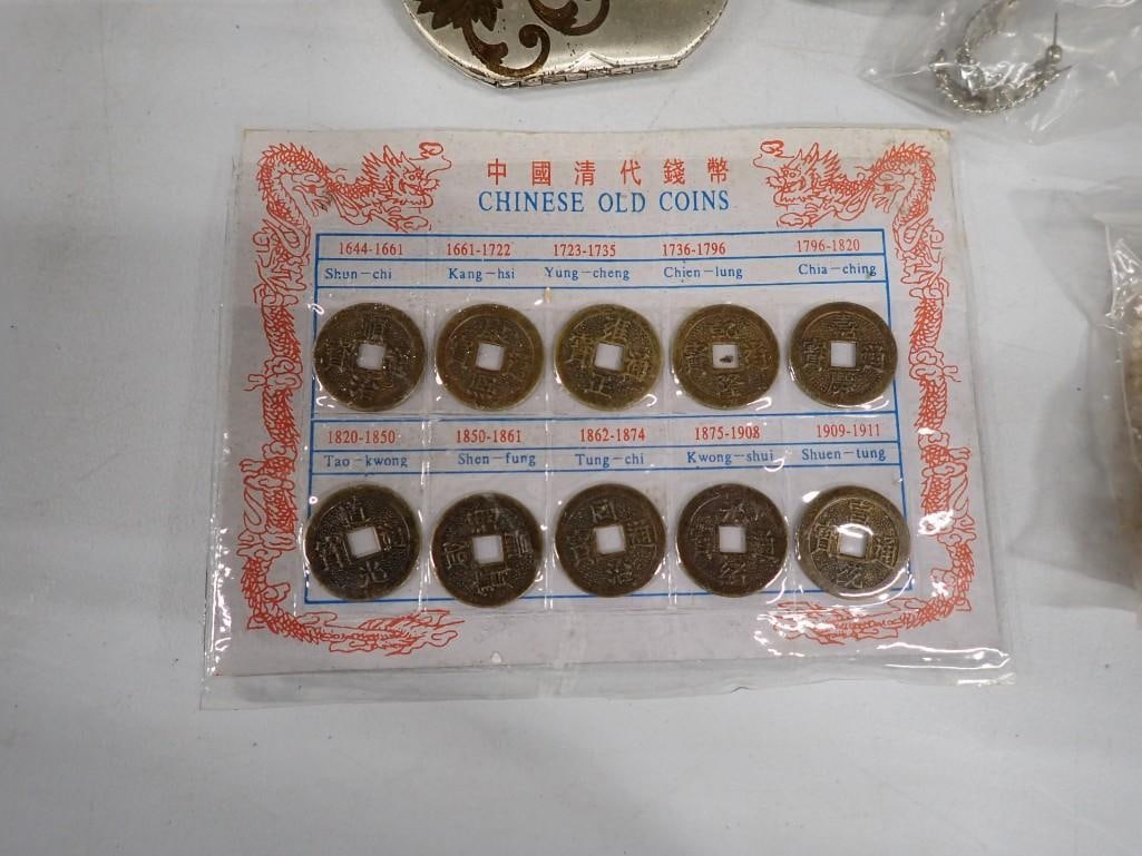 Lot of assorted Costume Jewelry, Silver Plate, Lighter, Smalls, Compacts, Chinese Coins, etc. - 10