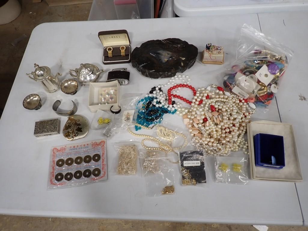 Lot of assorted Costume Jewelry, Silver Plate, Lighter, Smalls, Compacts, Chinese Coins, etc. - 19