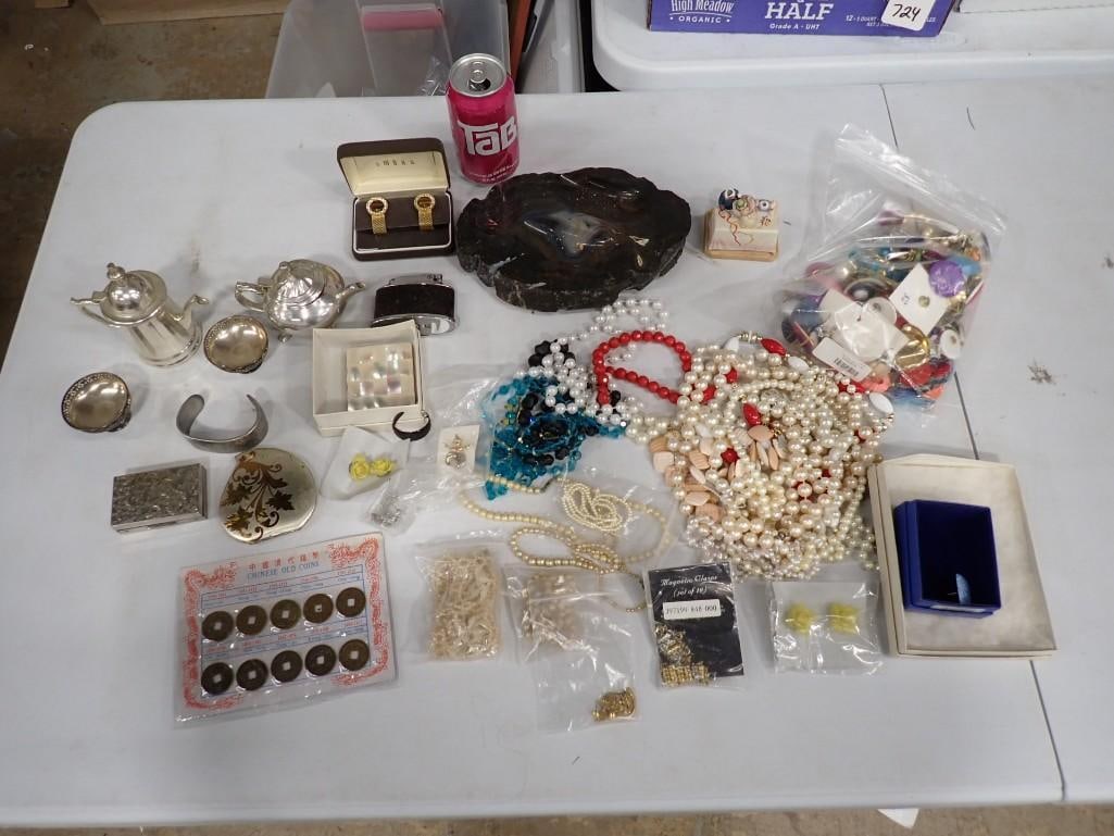 Lot of assorted Costume Jewelry, Silver Plate, Lighter, Smalls, Compacts, Chinese Coins, etc. - 20