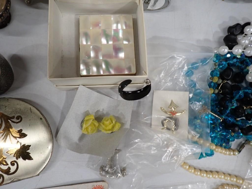 Lot of assorted Costume Jewelry, Silver Plate, Lighter, Smalls, Compacts, Chinese Coins, etc. - 9