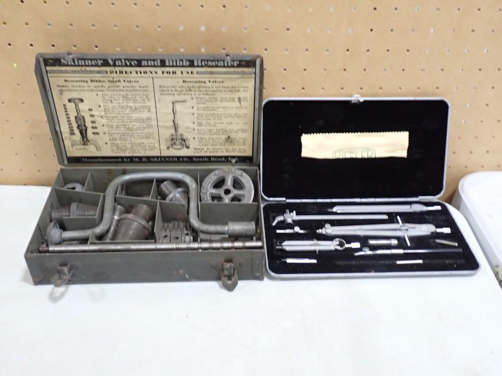 Vintage Skinner Valve and Bib Reseater Tool with Case and Bruning 64-166 Compass Drafting Set: Vintage Skinner Valve and Bib Reseater Tool with Case and Bruning 64-166 Compass Drafting Set All pictures are considered part of the description and should be examined carefully by bidders. Live