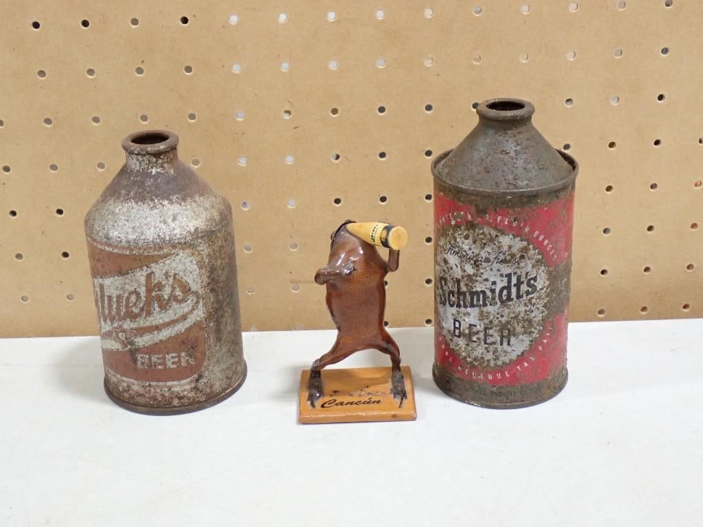 Vintage Cone top Beer Cans and Corona Beer Drinking Frog Figure: Vintage Cone top Beer Cans and Corona Beer Drinking Frog Figure All pictures are considered part of the description and should be examined carefully by bidders. Live Auctioneers is now offering Live