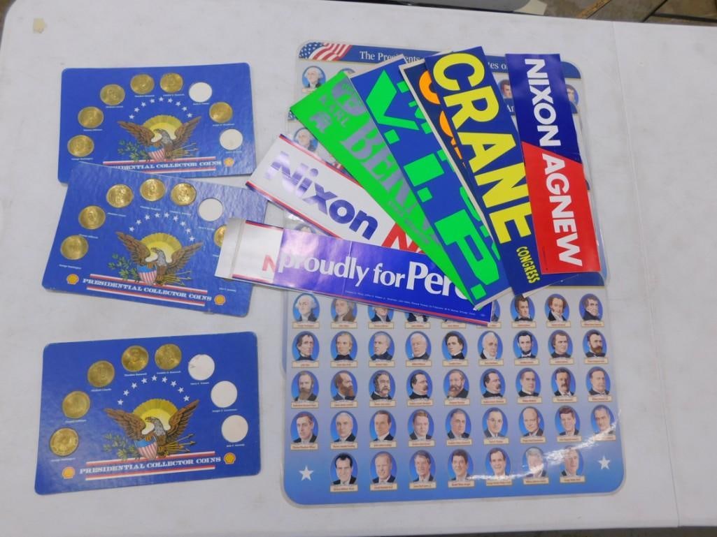 Lot of Presidential Collector Coins and Political Advertising Bumper Stickers including Perot, Nixon: Lot of Presidential Collector Coins and Political Advertising Bumper Stickers including Perot, Nixon, Crane, etc. All pictures are considered part of the description and should be examined carefully