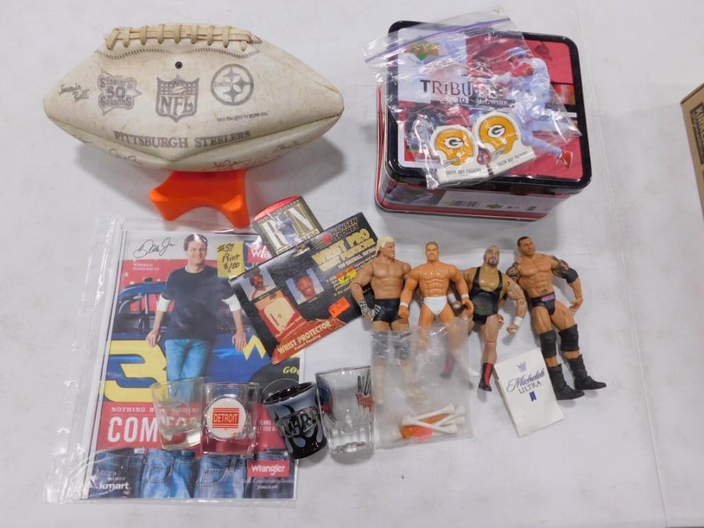 Sports Lot including NFL Steelers 50 Anniversary Football, Shot Glasses, WWE Wrestler Action Figures (1 of 6)
