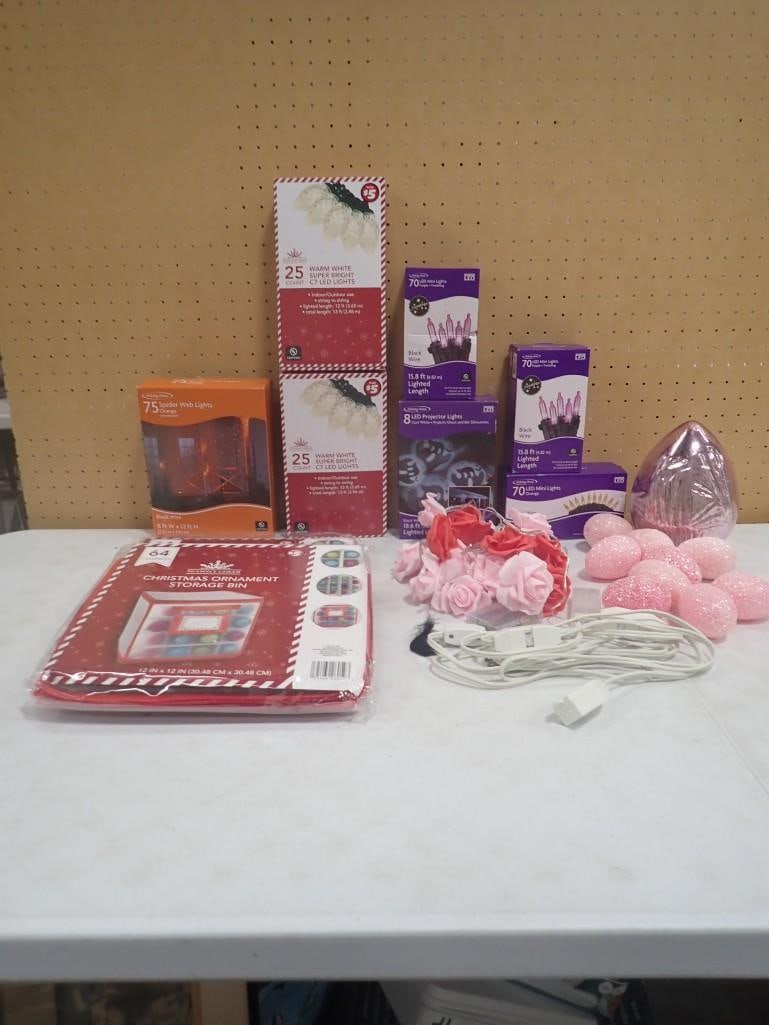 Holiday Items incl Halloween Lights, White LED String Lights, Christmas Ornament Storage Bin, Etc (1 of 9)