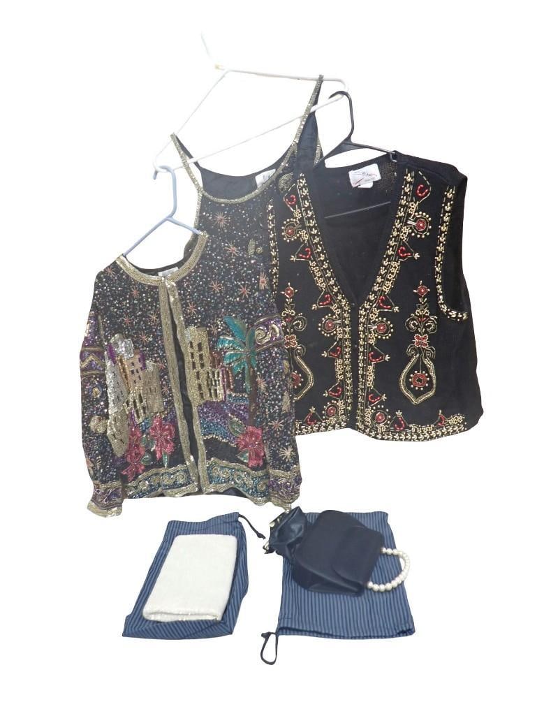 Arabian Nights Beaded Sequin Jacket, Beaded Knit Sweater Vest, Purses / Bags, etc.: Arabian Nights Beaded Sequin Jacket, Beaded Knit Sweater Vest, Purses / Bags, etc. Some of the clothes would be perfect for a beautiful Sweater Contest, or an ugly sweater contest, depending on