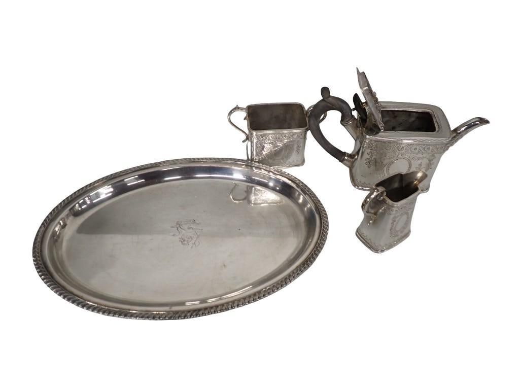 English John Round & Sons three piece silverplate tea service; Teapot, creamer and open sugar bowl; (1 of 12)