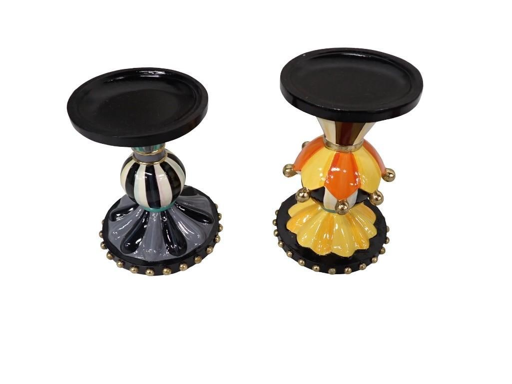 Two Mackenzie Childs "Festive" pillar candle holders Taller: 5.75" Shorter: 5.25" (1 of 9)