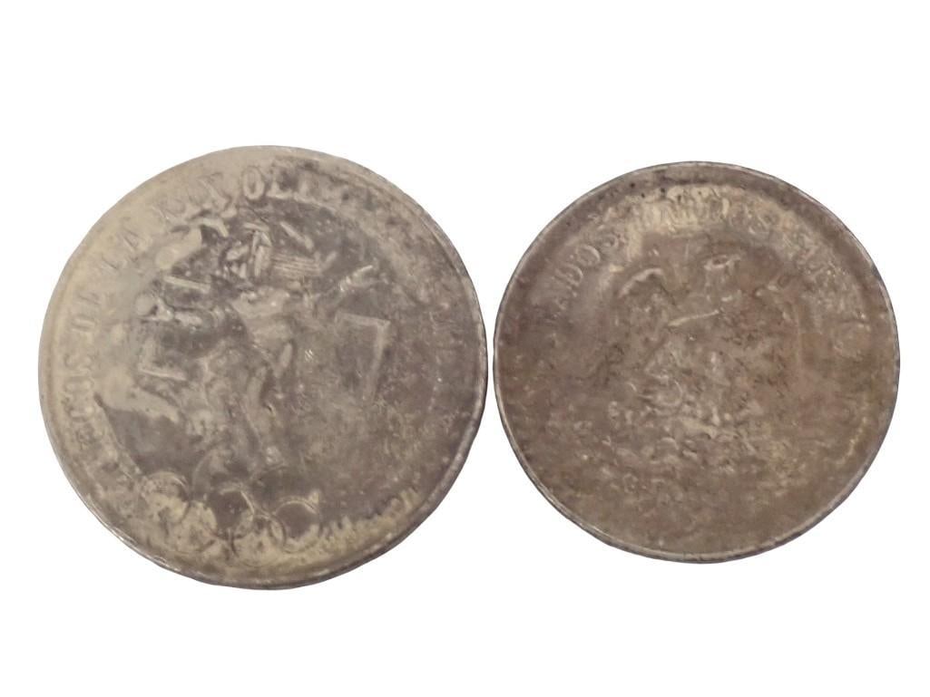 Two Mexican 72% Silver Coins; One 1968 25 Pesos Olympic Coin and One 1943 1 Peso Coin Weight: 1.25 (1 of 8)