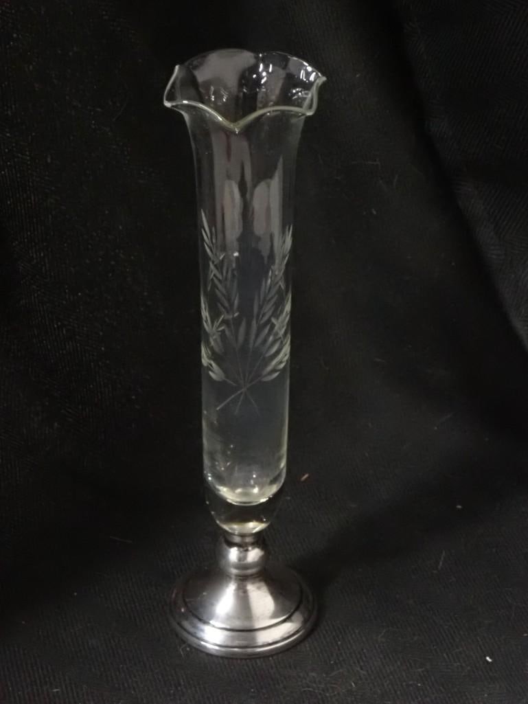 Web Sterling Silver and Etched Glass Bud Vase. Stamped "Web Sterling" along the base Height: 7" (1 of 5)
