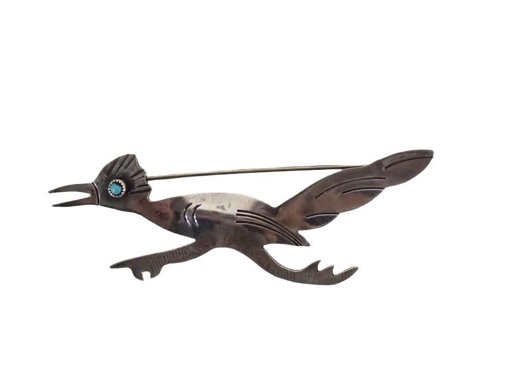 Southwestern Silver Roadrunner Brooch with Turquoise eye Length: 3.25" Weight: .25 ozt (1 of 4)