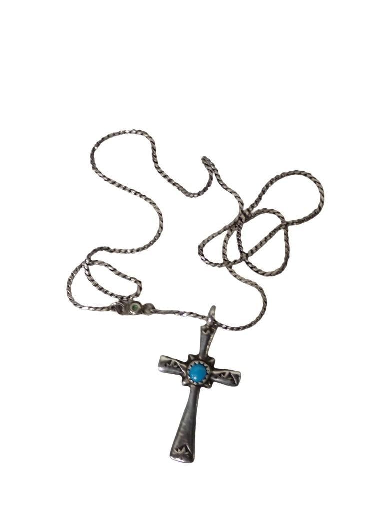 Sterling Silver and Turquoise Cross Pendant Necklace Pendant height: 1.5" Necklace length: 16" Weigh (1 of 6)