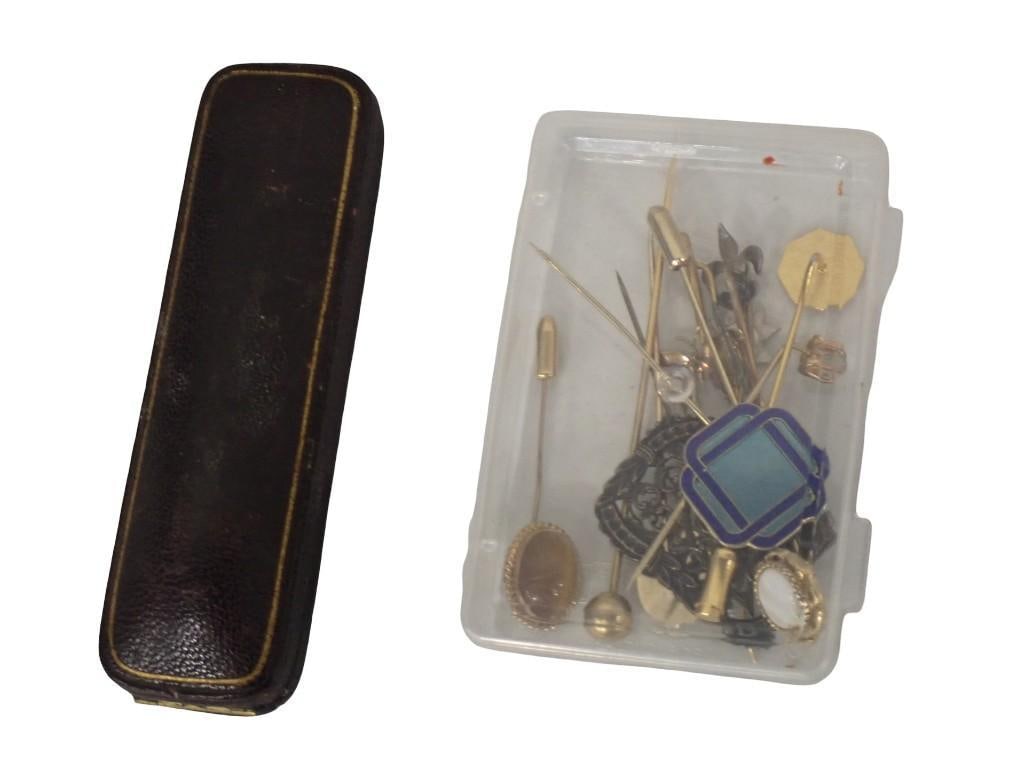 Group of Antique and Vintage Stick Pins; Opal, Enamel, Carved Tiger's Eye Scarab, Fleur de Lis, butt (1 of 13)