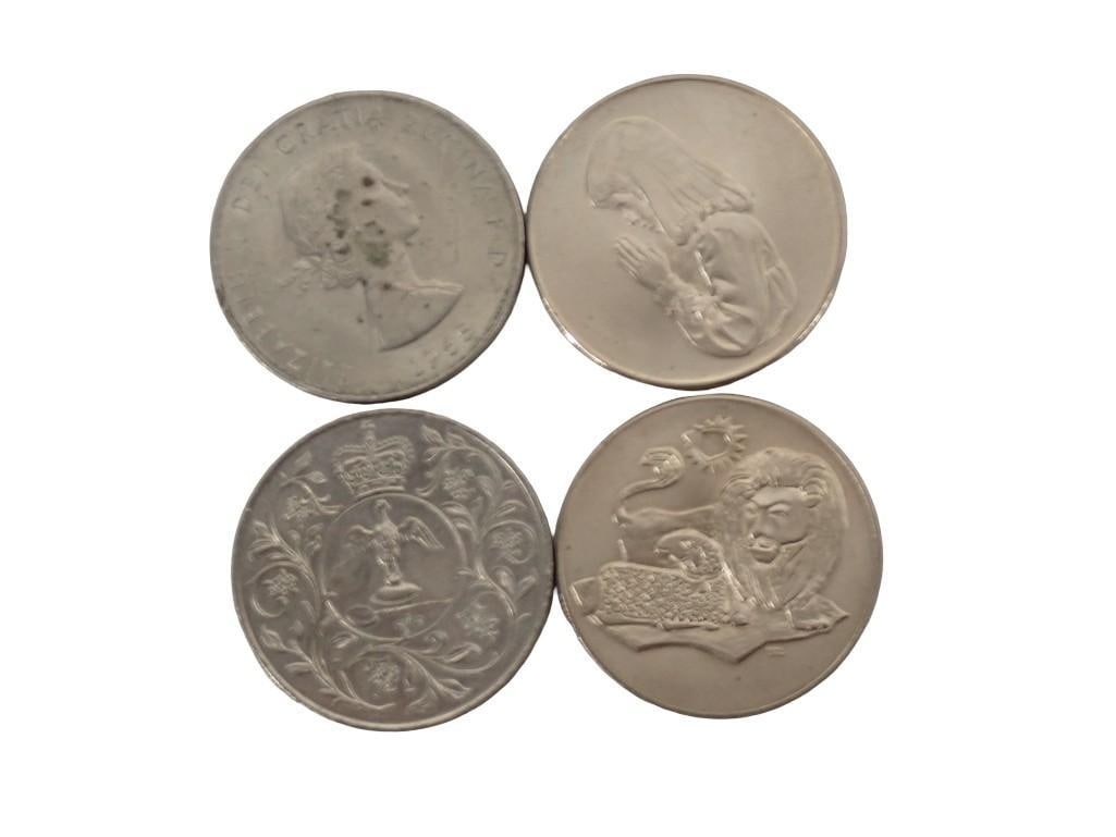 Four Commemorative Coins and Medals; One Queen Elizabeth II 1977 Jubilee medal, one 1965 Queen Eliza (1 of 12)