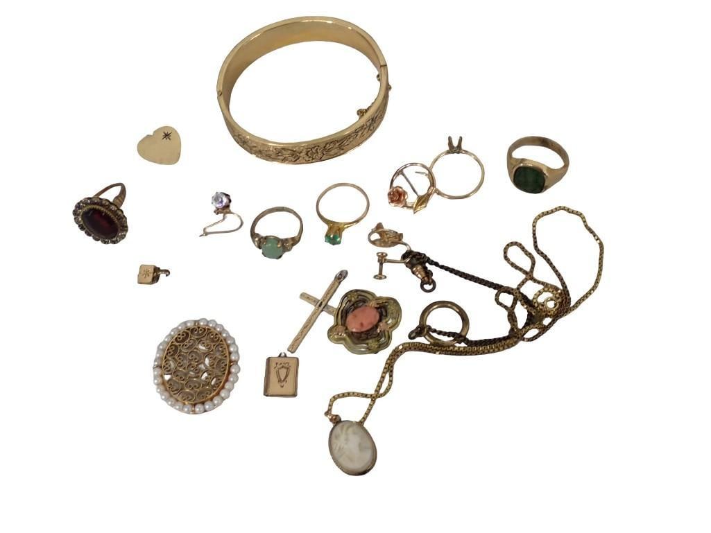 Group of Victorian and Antique Goldfilled Jewelry; Bangle Bracelet, Cameo Necklace, cross pendant, b (1 of 8)