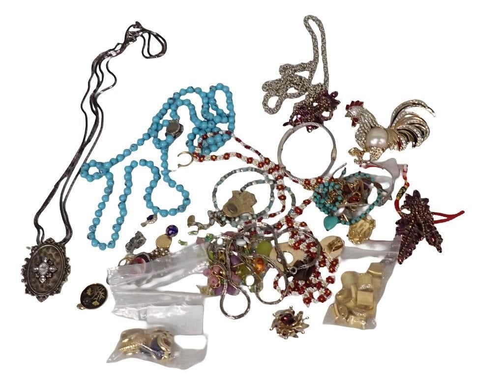 Group of Costume Jewelry; One Pair of Joan RIvers Earrings with Three Pairs of interchangeable inser: Group of costume jewelry; One pair of Joan RIvers earrings with three pairs of interchangeable inserts, pearl bellied enamel rooster brooch, Michal Golan necklace, Oneida silverplate bracelet and neck