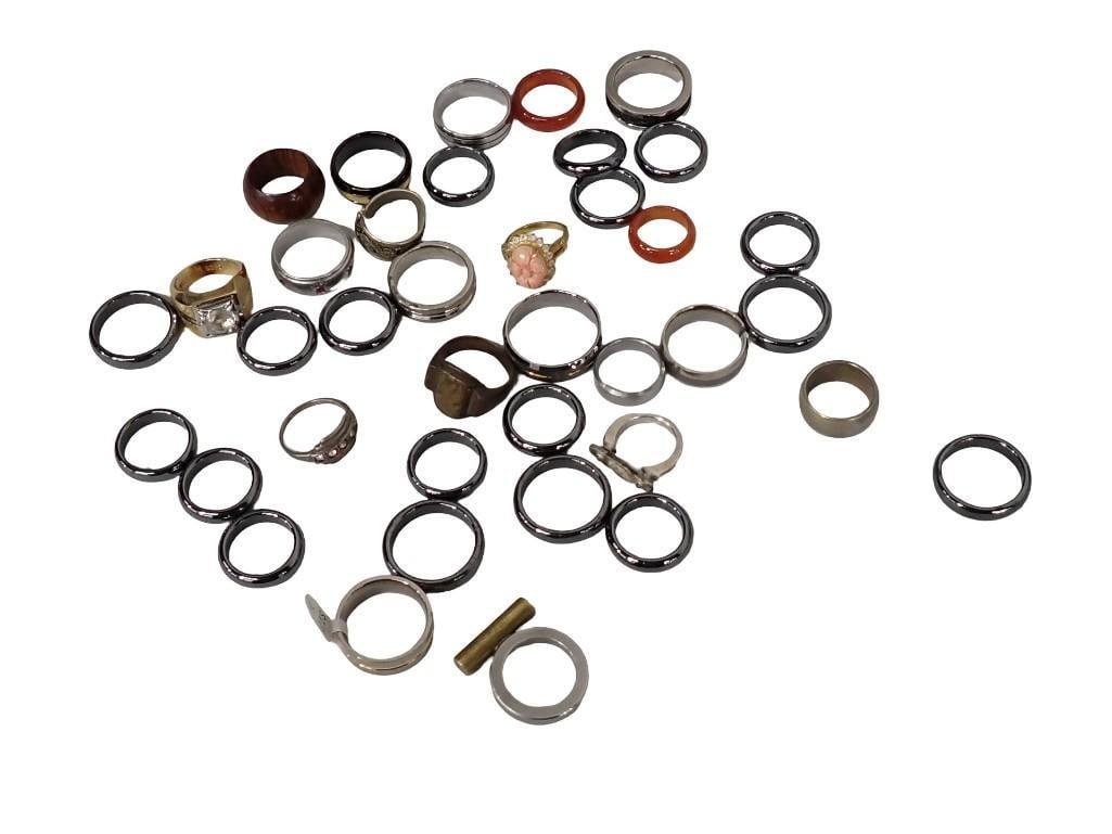 Group of Rings; Rhinestone, Wood, Spikes Tungsten, Triton Titanium, Kurji Tungsten Carbide, carnelia (1 of 9)
