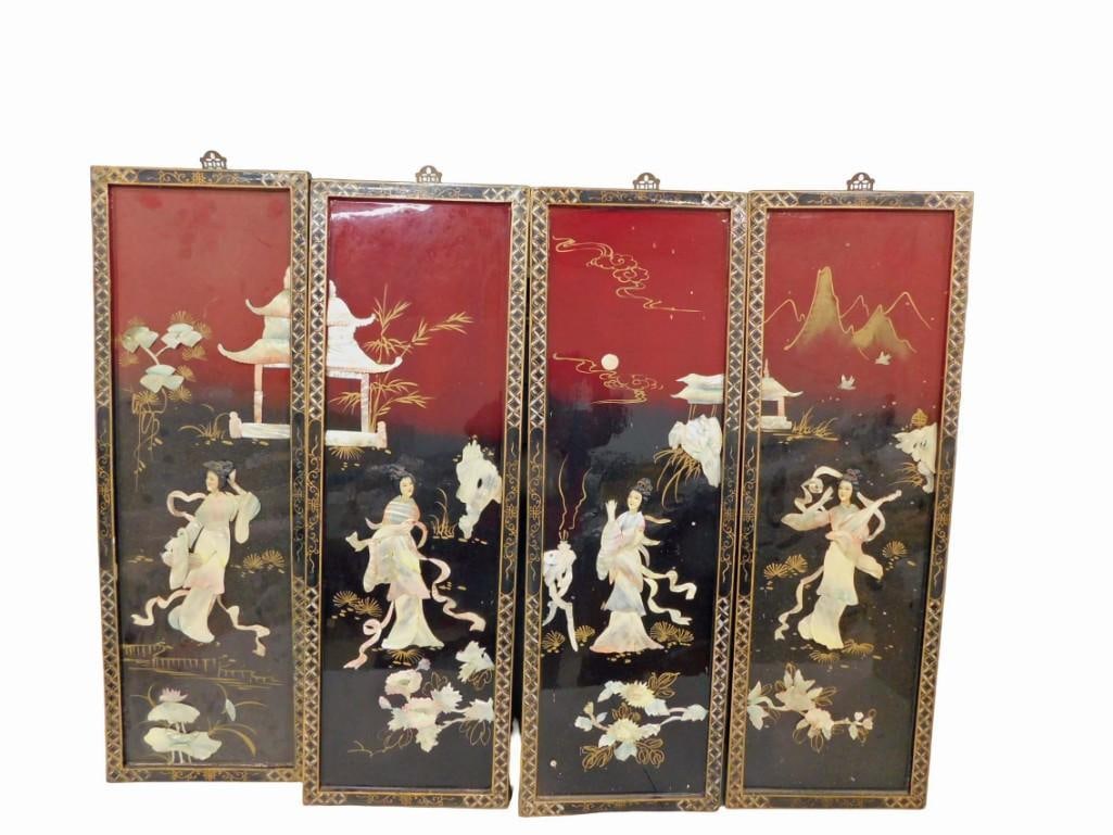 Set of 4 Asian Lacquer and Mother of Pearl Wall Art or Dressing Screen Panels Featuring Geisha Ladie (1 of 13)