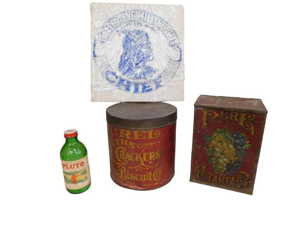 4 Antique Pieces of Advertising incl Sleepy Eye Flour 1920s Sack, 1800s Cracker Tin, (1 of 11)