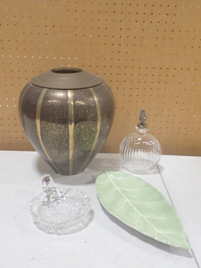 Mikasa Diamond Fire Decanter, Brass Vase, Green Leaf Plate, Glass Nappy Bowl or Candy Dish (1 of 7)