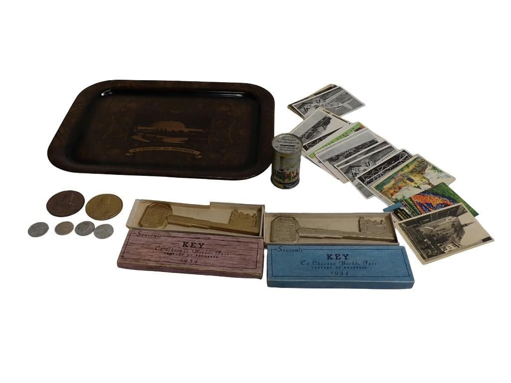 Lot of 1938 A Century of Progress Chicago World's Fair items including Metal Tray, Souvenir Keys, (1 of 20)
