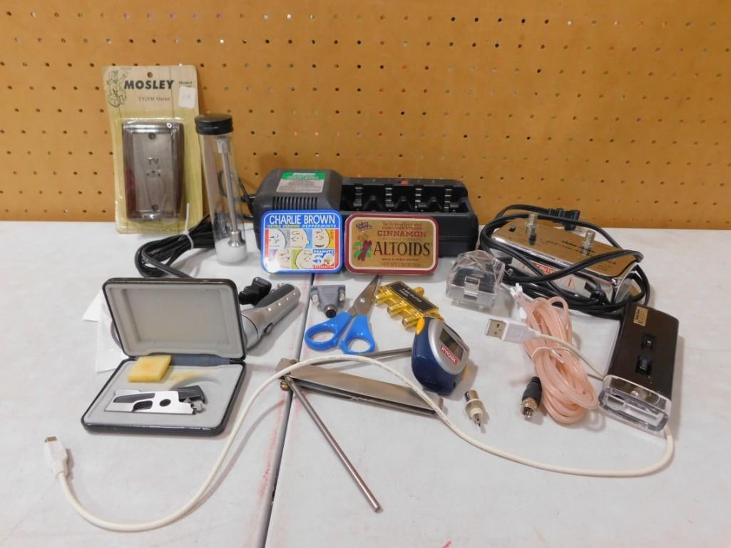 Misc. Lot including Coax Splitters, Amplifier, etc, Battery Charger, Cord Adapters, etc (1 of 6)
