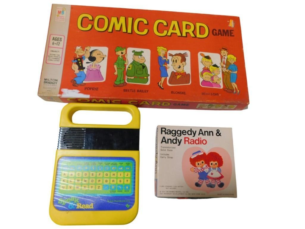 Vintage Toy Lot including Texas Instruments Speak & Read, Raggedy Ann & Andy Radio, Comic Card Game (1 of 4)