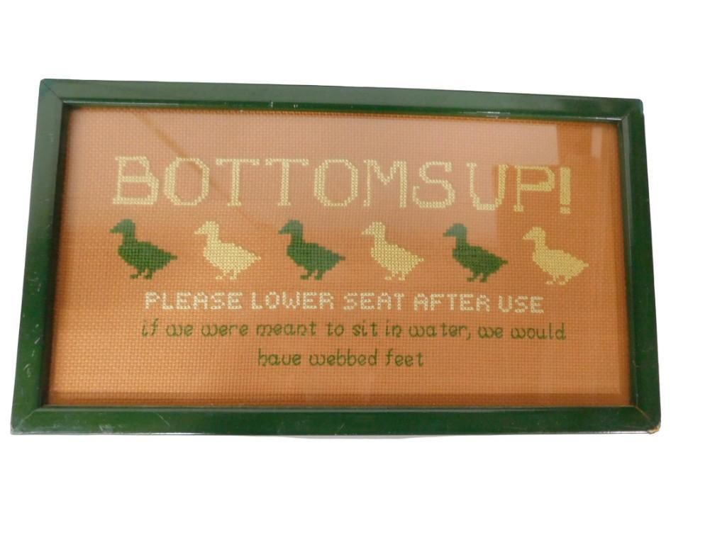 Vintage Framed Bathroom Etiquette Cross Stick Sign Featuring Ducks: Vintage Framed Bathroom Etiquette Cross Stick Sign Featuring Ducks - Measures roughly 13x8" All pictures are considered part of the description and should be examined carefully by bidders. Live Au