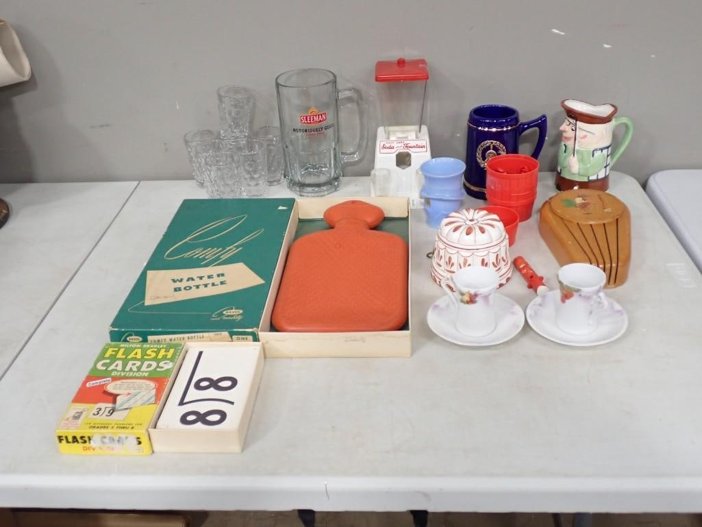 Misc. Lot including Hot or Cold Comfy Water bottle, Flash Cards, Drinking Glasses, Mugs, Vintage, et: Misc. Lot including Hot or Cold Comfy Water bottle, Flash Cards, Drinking Glasses, Mugs, Vintage, etc. All pictures are considered part of the description and should be examined carefully by bidders.