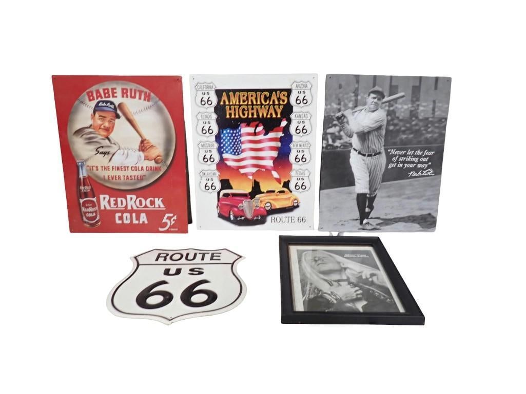 Babe Ruth Retro Metal Wall Hanging Signs including Red Rock Cola, Route 66 Signs, and Johnny Winter (1 of 8)