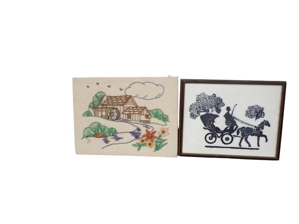 Vintage Embroidery Farm Scene and a reverse-painted glass silhouette of a horse Drawn Carriage (1 of 5)