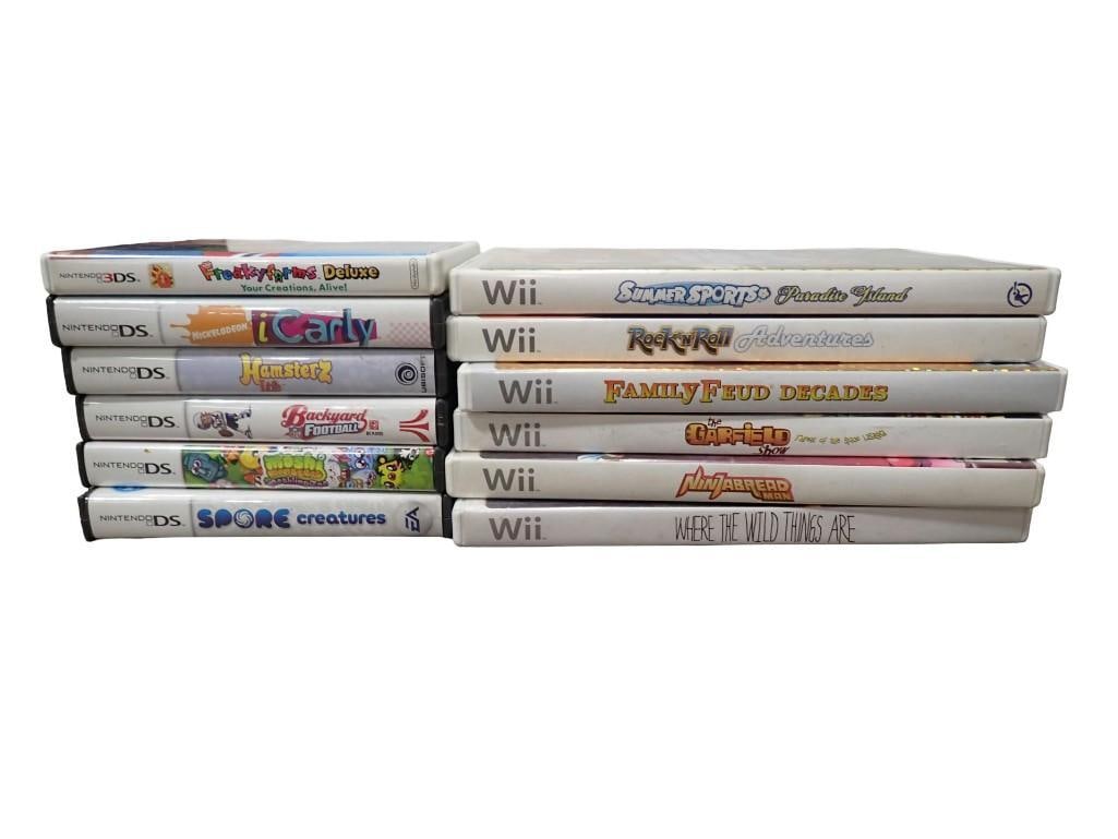 Video Game Lot including Nintendo DS, 3DS and Wii Games - iCarly, Freakyfarms, Backyard Football,: Video Game Lot including Nintendo DS, 3DS and Wii Games - iCarly, Freakyfarms, Backyard Football,Spore Creatures, Ninjabread Man, etc. All pictures are considered part of the description and should be
